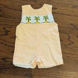 Orange and White Seersucker Jon Jon/Romper with smocked Palm Tree design